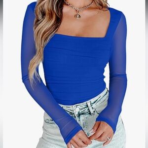 Elegant Blue Sheer Sleeve Top bodysuit